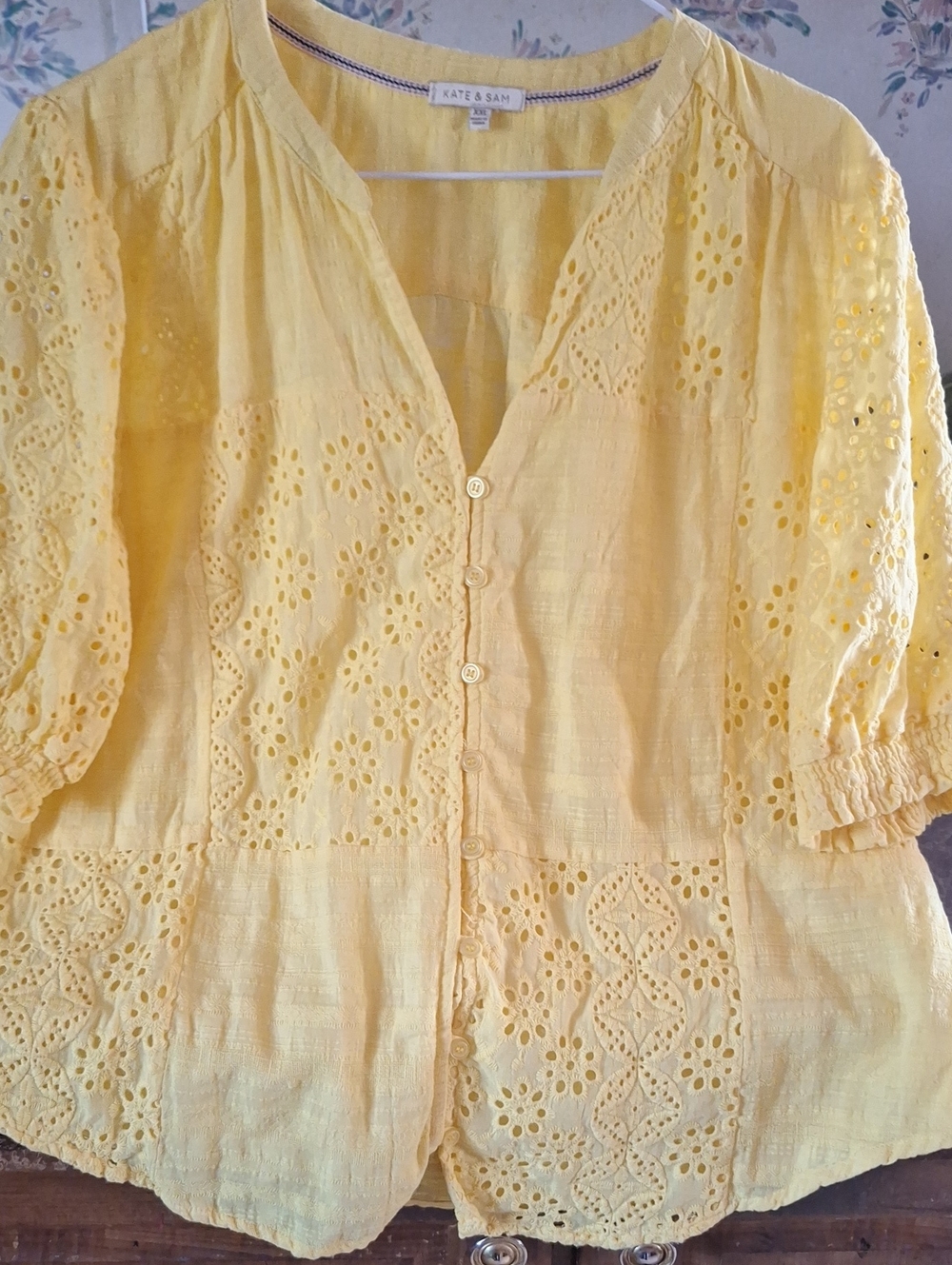 Yellow Eyelet Button-Front Women's Top